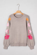 Simply Taupe Embroidered Floral Sleeve Round Neck Loose Sweater