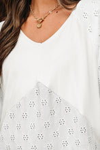 White Twisted Rib Patchwork Embroidered Loose V Neck Long Sleeve Top