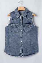 Ashleigh Blue Solid Denim Button Front Pocket Sleeveless Cowboy Vest