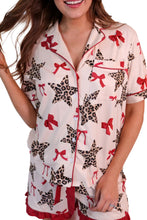 White Leopard Star Ribbon Bow Print Contrast Trim Short Pajama Set