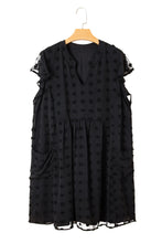 Navy Blue Dotty Textured Notched Neck Plus Ruffled Dress