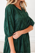 Blackish Green Embroidered Eyelet Pattern 3/4 Puffy Sleeve Swing Mini Dress