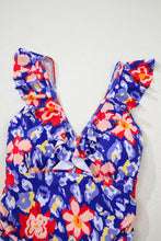 Pink Floral Ruffle Trim V Neck Lace-up Back Tummy Control One Piece Swimsuit