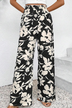 Khaki Floral Print Smocked High Waist Wide Leg Pants