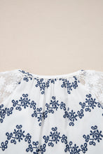 Blue Lace Patchwork Floral Bubble Sleeve V Split Neck Blouse