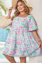 White Floral Print Ric-rac Trim Square Neck Plus Size Mini Dress