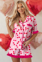 Rose Cherry Bow Mixed Print Scalloped Edge Short Pajama Set