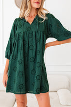 Blackish Green Embroidered Eyelet Pattern 3/4 Puffy Sleeve Swing Mini Dress