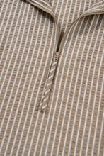 Khaki Stripe Zip up Collared Puff Sleeve Ruffled Plus Size Mini Dress