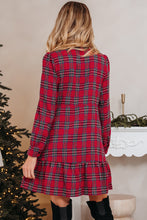 Red Plaid Shirt Collar Half Button Ruffle Hem Long Sleeve Mini Dress