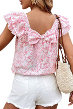 Pink Floral Ruffled Short Sleeve Bow Back Square Neck Blouse