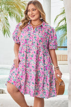 Pink Plus Size Floral Half Button Short Puff Sleeve A-line Dress