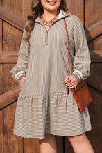 Khaki Stripe Zip up Collared Puff Sleeve Ruffled Plus Size Mini Dress