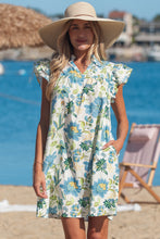 Beige Floral Print V Neck Triple Ruffle Short Sleeve Shift Mini Dress