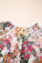 Pink Floral Print Lace Embroidery Tie Split Neck Long Sleeve Blouse