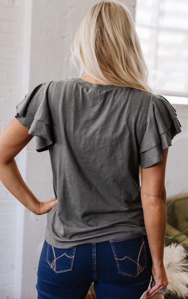 Dark Grey Layered Ruffle Short Sleeve Round Neck Top