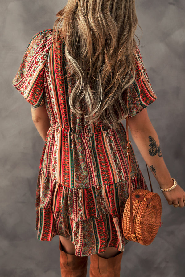 Red Bohemian Floral Print Buttoned V Neck Ruffle Tiered Dress
