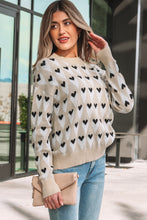Parchment Geometric Heart Print Ribbed Trim Loose Sweater