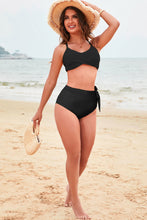 Blue Crossed Straps Twisted Tropical Print Knot Side High Waist Bottom 2pcs Swimsuit