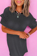 Black Stripe Ruffled Short Sleeve Crew Neck T Shirt Shift Mini Dress