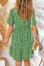 Green Floral Print Wrap V Neck Short Sleeve High Waistband Mini Dress