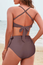Blue Crossed Straps Twisted Tropical Print Knot Side High Waist Bottom 2pcs Swimsuit