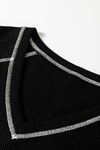 Black Waffle Textured Contrast Trim V Neck Tee