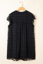 Navy Blue Dotty Textured Notched Neck Plus Ruffled Dress