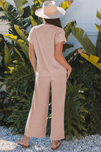 Bright Green Solid Corded Knit Short Sleeve T Shirt and Wide Leg Pants Set