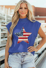 Sky Blue Faux Patchwork Patriotic Star Printed High Neck Top
