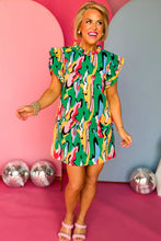 Green Abstract Print Frilled Neck Ruffled Sleeve Mini Dress