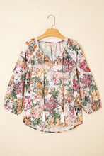 Pink Floral Print Lace Embroidery Tie Split Neck Long Sleeve Blouse