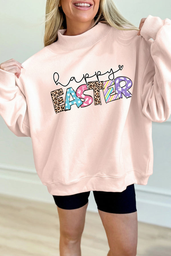 Apricot Pink Happy Easter Playful Letter Printed Sweatshirt