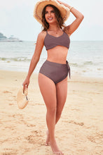 Blue Crossed Straps Twisted Tropical Print Knot Side High Waist Bottom 2pcs Swimsuit