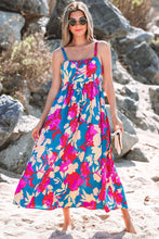 Dark Blue Floral High Waist Sleeveless Flared Long Dress