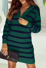 Black Striped O-ring Zip Collared Loose Sweater Mini Dress