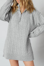 High Cable Knit Quarter Zip Ribbed Trim Loose Sweater Dress