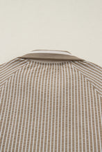 Khaki Stripe Zip up Collared Puff Sleeve Ruffled Plus Size Mini Dress