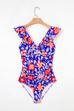 Pink Floral Ruffle Trim V Neck Lace-up Back Tummy Control One Piece Swimsuit