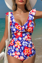 Pink Floral Ruffle Trim V Neck Lace-up Back Tummy Control One Piece Swimsuit