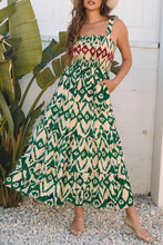 Green Western Aztec Shirred A-line Sleeveless Maxi Dress