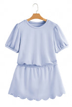 Beau Blue Puff Sleeve Pearl Embellished Scallop Trim Top 2 Piece Skort Set