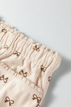 Apricot Bow Print Drawstring Elastic Waist Loose Corduroy Pants