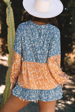 Orange Floral Color Block Patchwork Ruffled Hem Round Neck Blouse