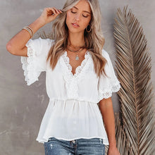 Summer Women White Korean Elegant SEXY Blusas Lace Patchwork V Neck
