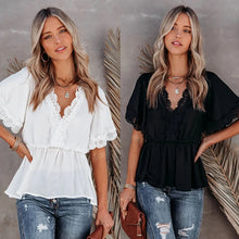 Summer Women White Korean Elegant SEXY Blusas Lace Patchwork V Neck