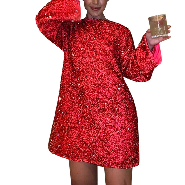 Women's Round Neck Long Sleeve Sparkling Sequin Dress And Cute Party Dress Women 2025 Trend Womens Dress