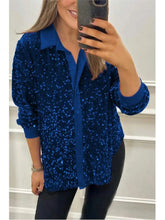 Spring Autumn Casual Shiny Sequin Women's Shirt Elegant Office Lapel Long Sleeved Top Fashion