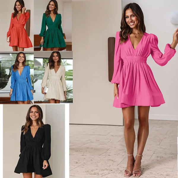 French Style Long Sleeve V-Neck Solid Color Dress Elegant