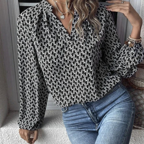 Office Lady Button Lotus Leaf Splicing V-neck Long Sleeved Shirt For Women